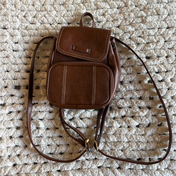 Leather Mini Backpack Brown Adjustable Straps Small Travel Pack Bag - Picture 3 of 9